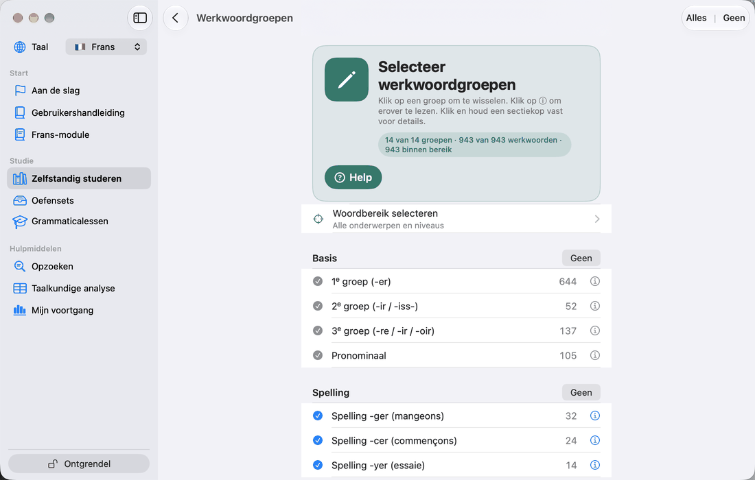 Selecteer werkwoordgroepen