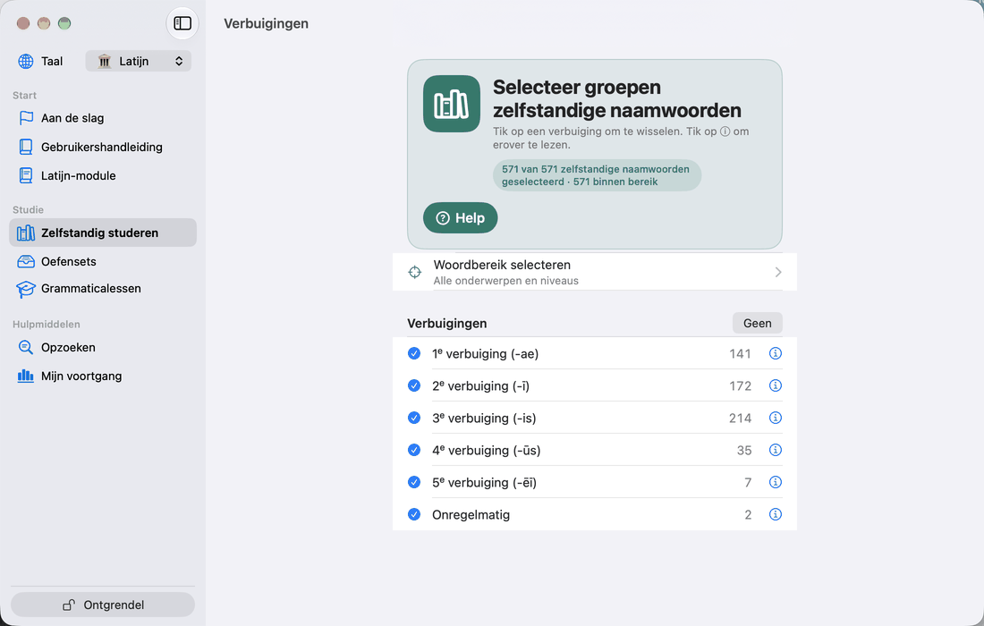 Verbuigingen selecteren