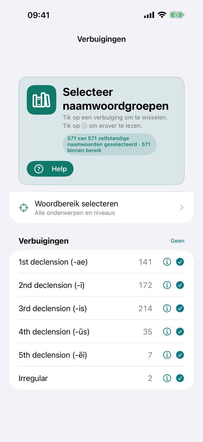 Verbuigingen selecteren