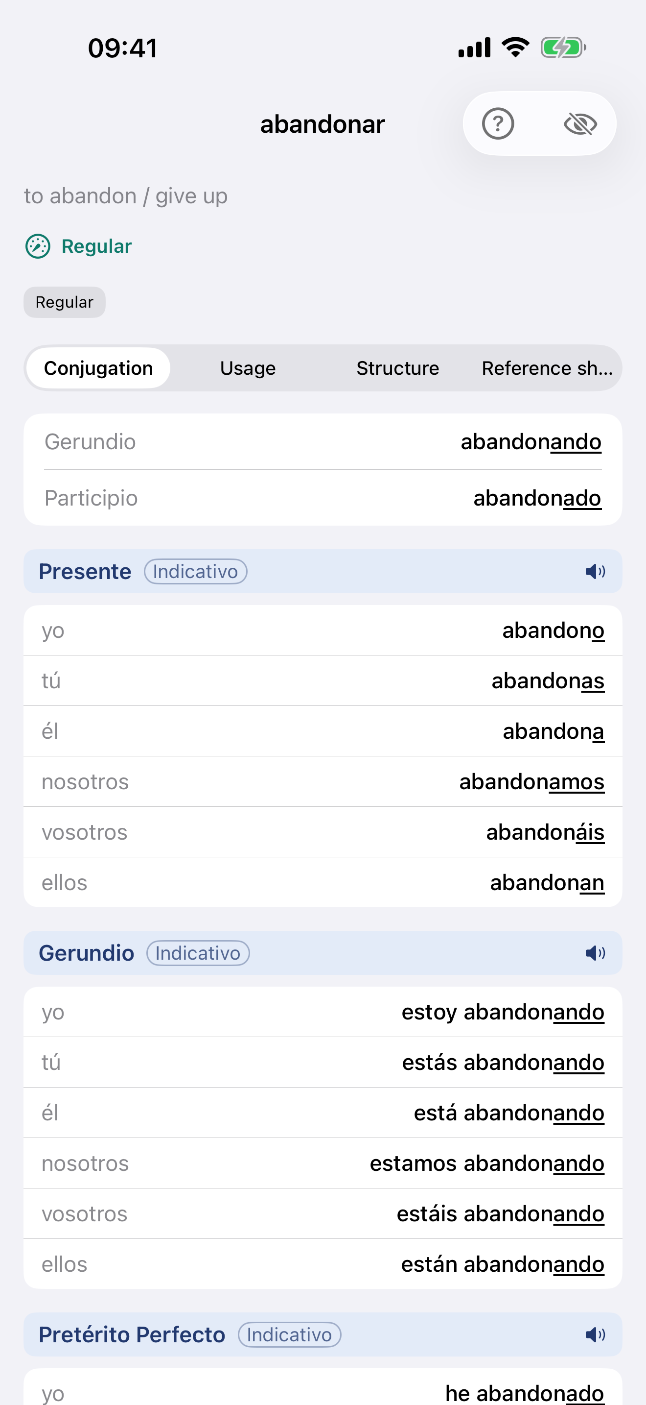 The Spanish verb detail, with irregular forms marked