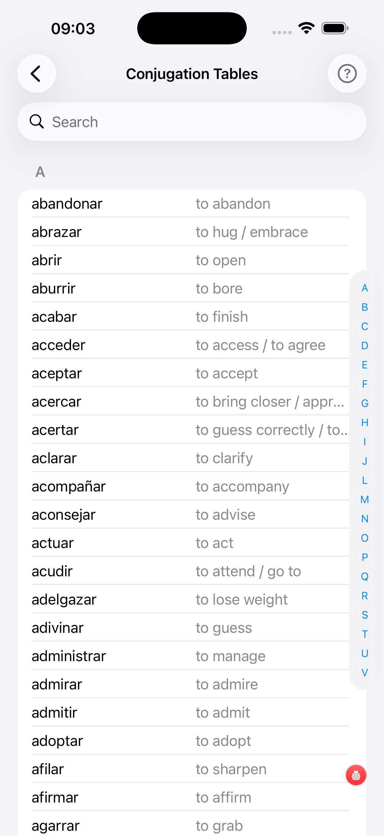 Conjugation Tables – Verb List