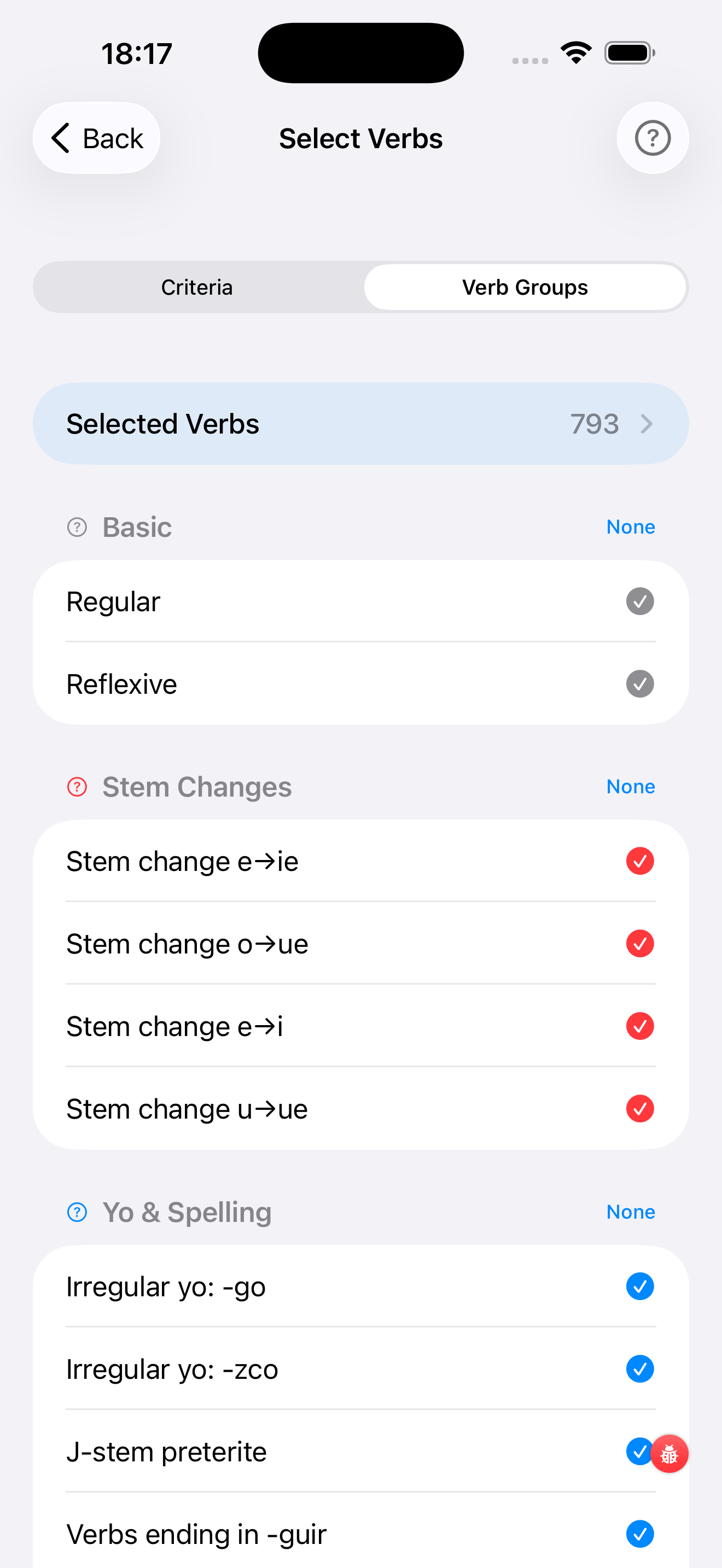 Select Verbs — Verb Groups tab