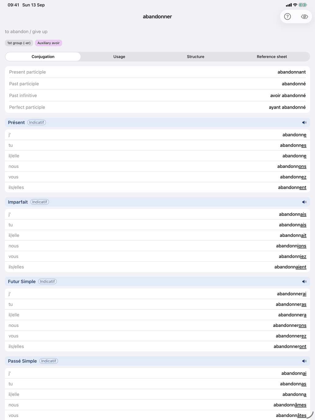 Conjugation tables